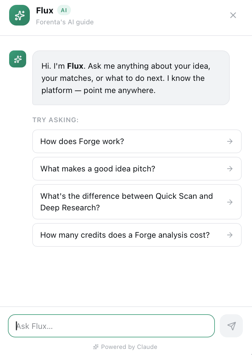 Flux AI panel showing the chat interface and suggested questions