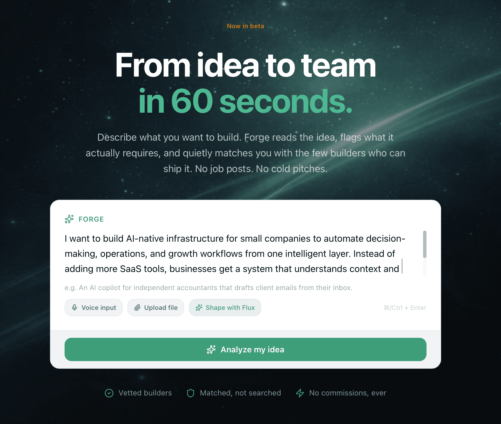 Forge project description panel showing the Voice input button